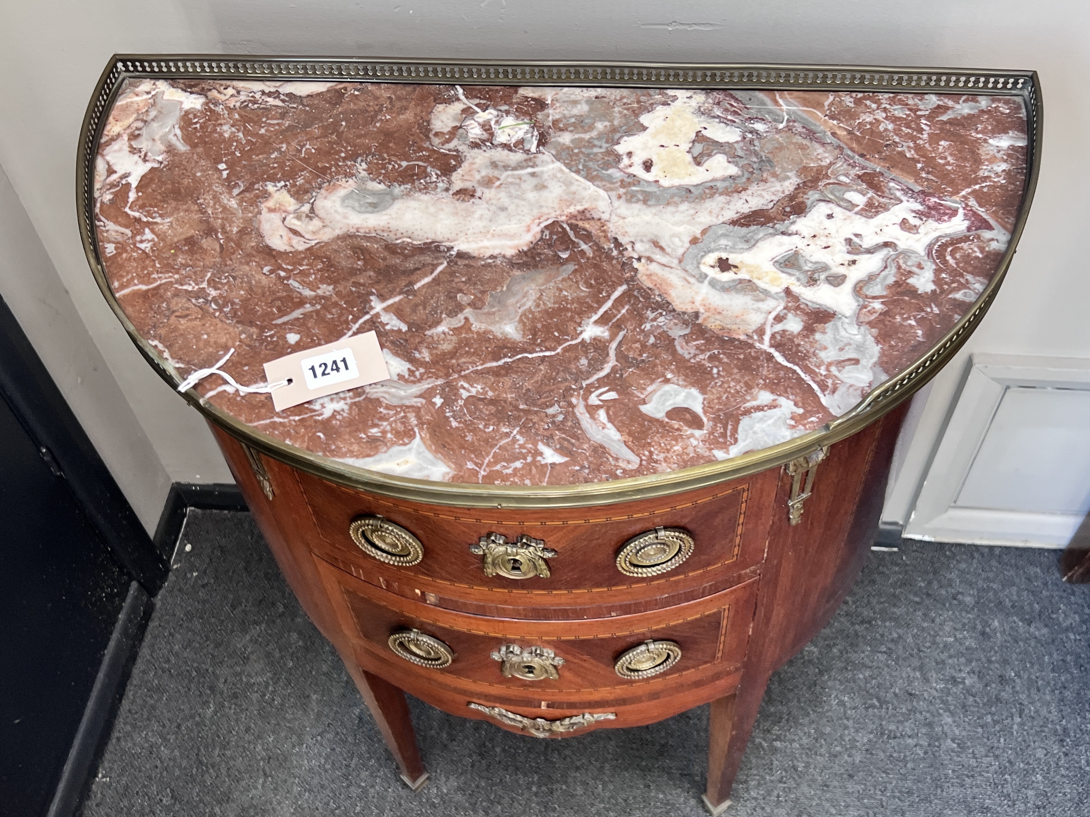 A Louis XVI style marble top demi lune two drawer petite commode, width 67cm, depth 36cm, height 78cm